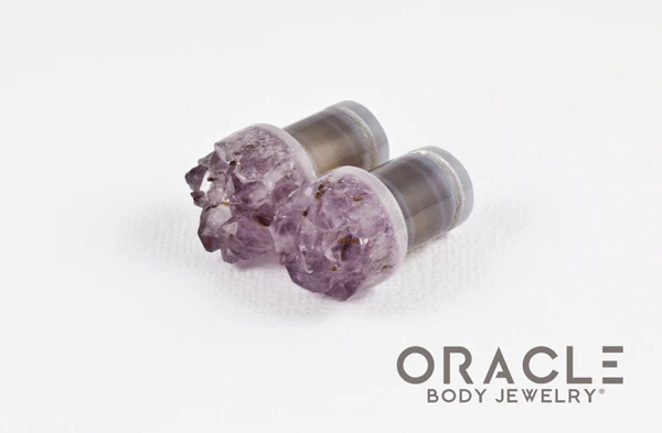 00g (9.5mm-10mm) Druzy Rough Amethyst Single Flare Plugs - Image 2