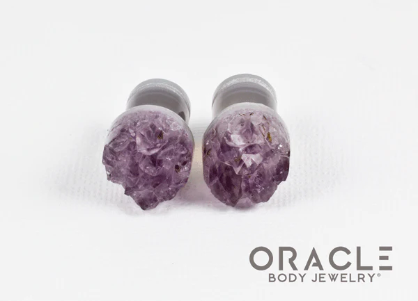 00g (9.5mm-10mm) Druzy Rough Amethyst Single Flare Plugs - Image 3