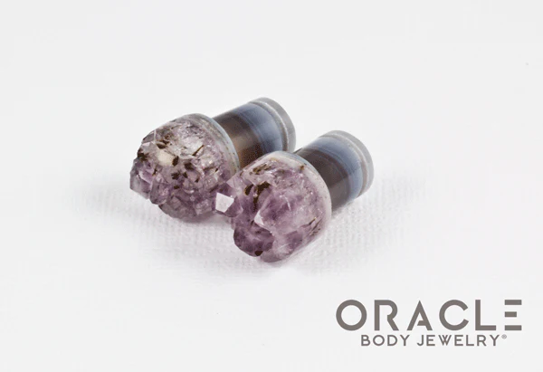 00g (9.5mm-10mm) Druzy Rough Amethyst Single Flare Plugs - Image 2