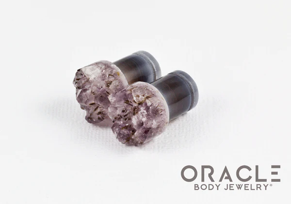 00g (9.5mm-10mm) Druzy Rough Amethyst Single Flare Plugs - Image 2