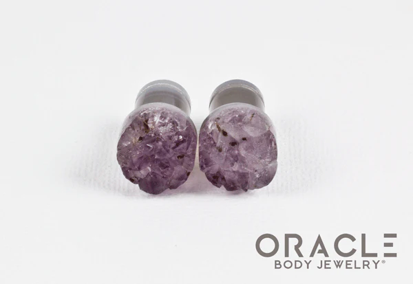 00g (9.5mm-10mm) Druzy Rough Amethyst Single Flare Plugs - Image 3