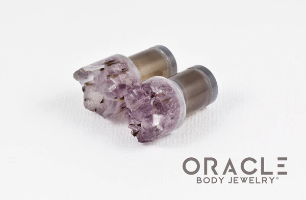 00g (9.5mm-10mm) Druzy Rough Amethyst Single Flare Plugs - Image 2