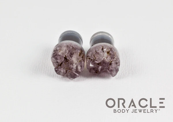 00g (9.5mm-10mm) Druzy Rough Amethyst Single Flare Plugs - Image 3