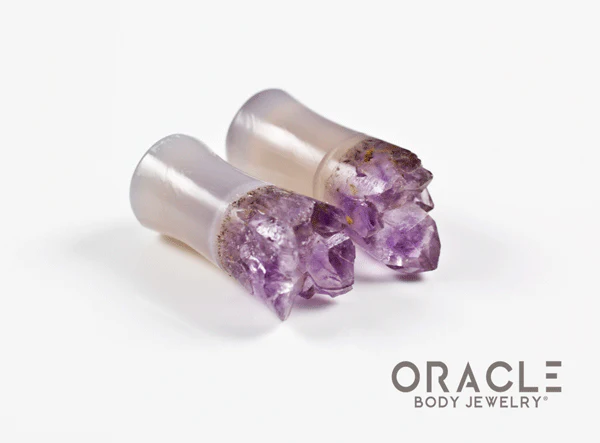 0g (8mm) Double Flare Druzy Rough Amethyst Plugs