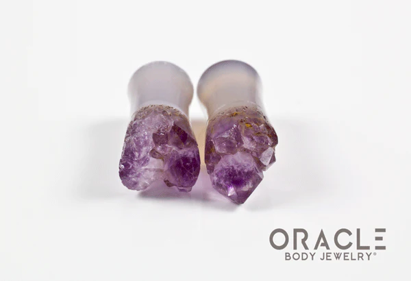 0g (8mm) Double Flare Druzy Rough Amethyst Plugs - Image 3