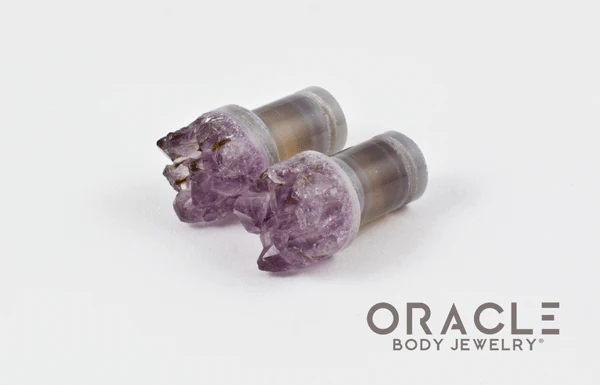 0g (8mm) Druzy Rough Amethyst Single Flare Plugs - Image 2