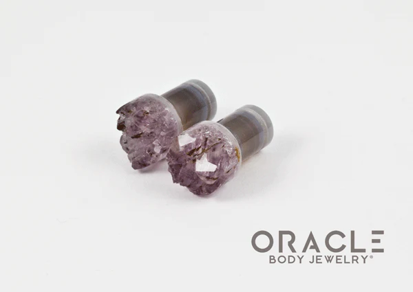 0g (8mm) Druzy Rough Amethyst Single Flare Plugs - Image 2