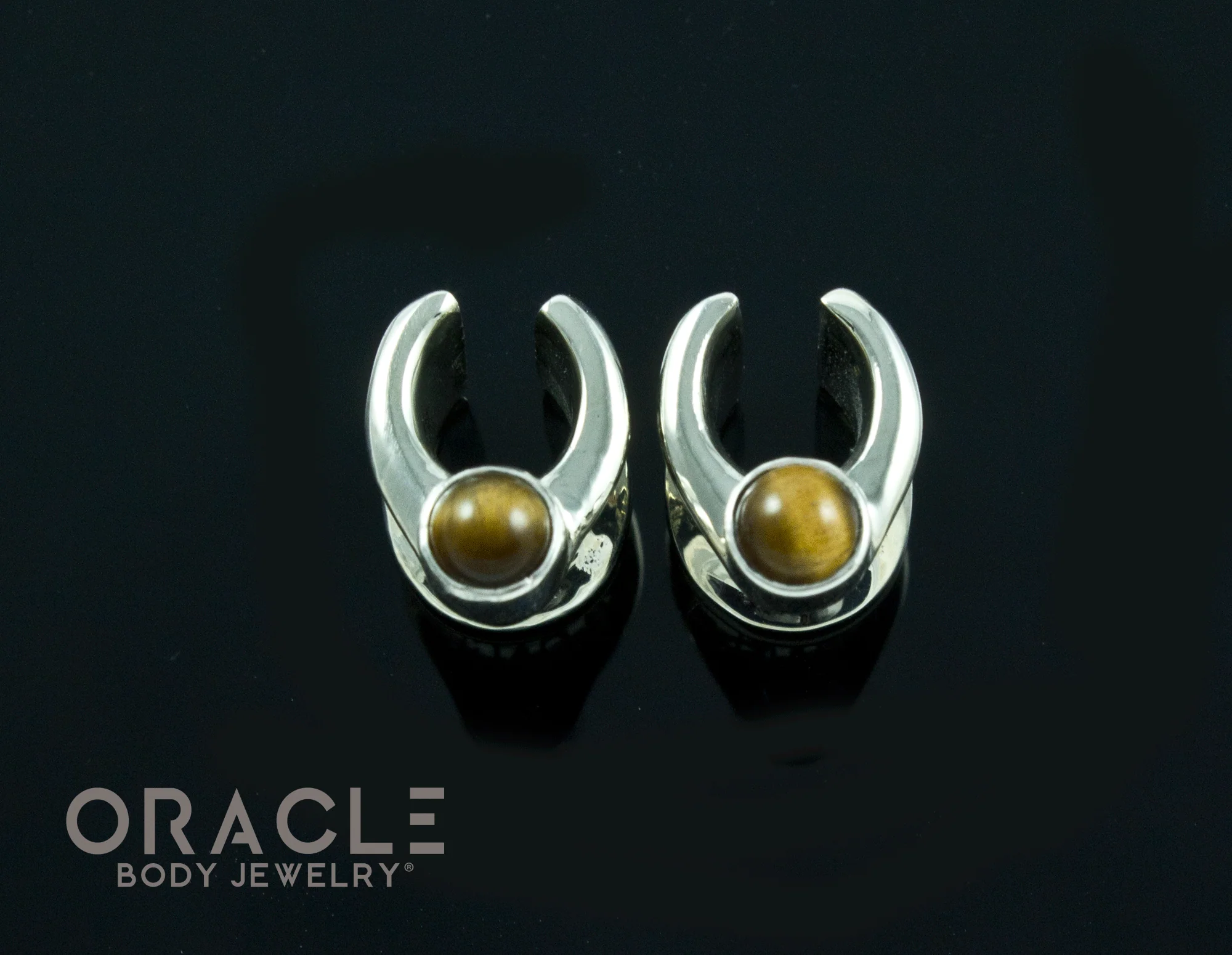0g (8mm) White Brass Saddles with Yellow Tiger Eye