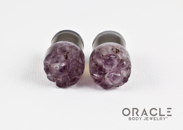 1/2" (12.5mm) Druzy Rough Amethyst Single Flare Plugs - Image 3