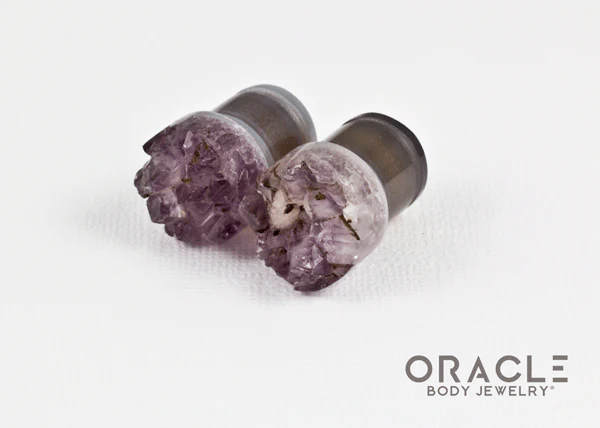 1/2" (12.5mm) Druzy Rough Amethyst Single Flare Plugs - Image 2