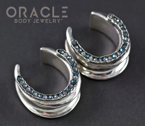 1" (25mm) Sterling Silver Saddles with Channel Set Blue and Grey Raw Diamonds - Image 2