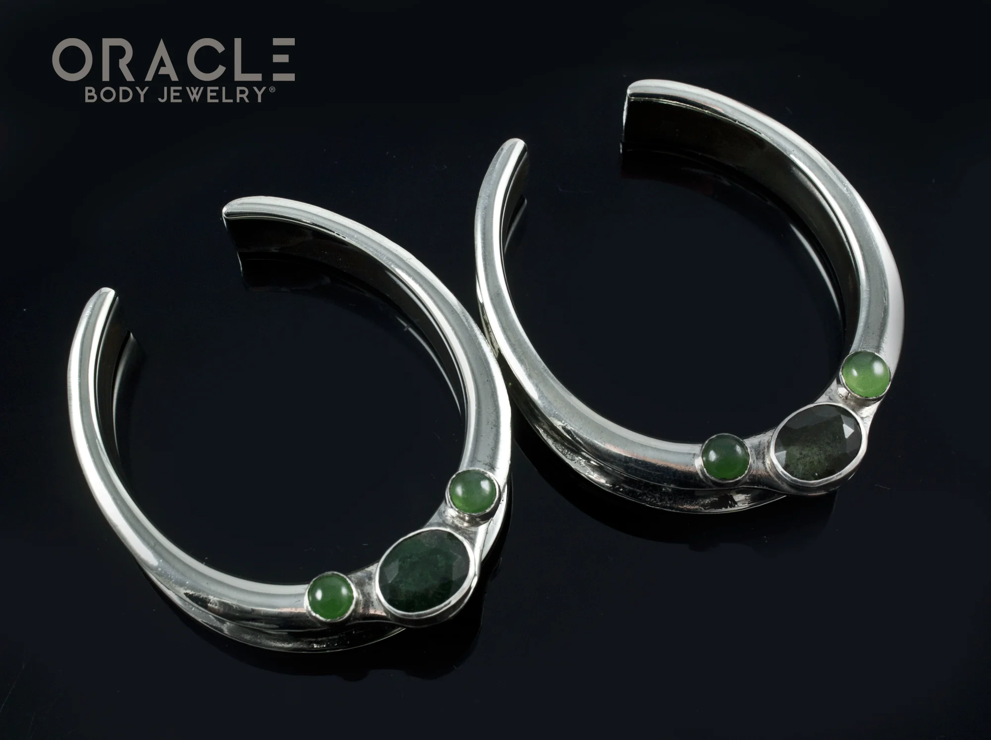 1-3/4" (44mm) White Brass Saddles with Faceted Moss Agate and Nephrite Jade - Image 2