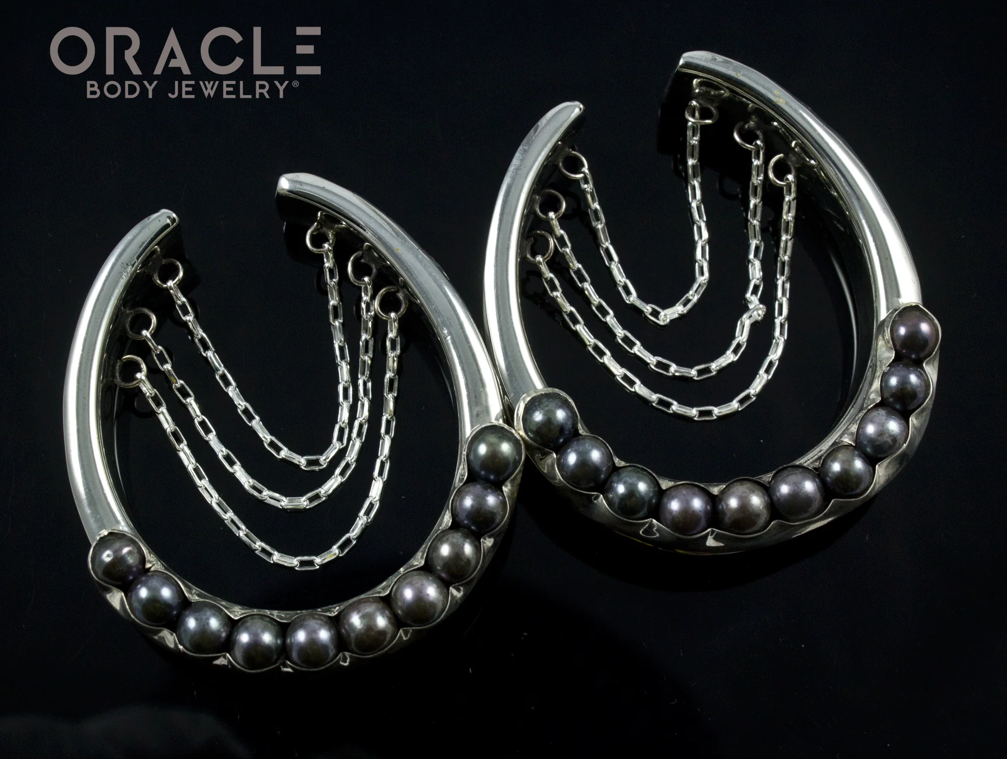 1-5/8" (41mm) White Brass Saddles with Chains and Channel Set Black Pearls - Image 2