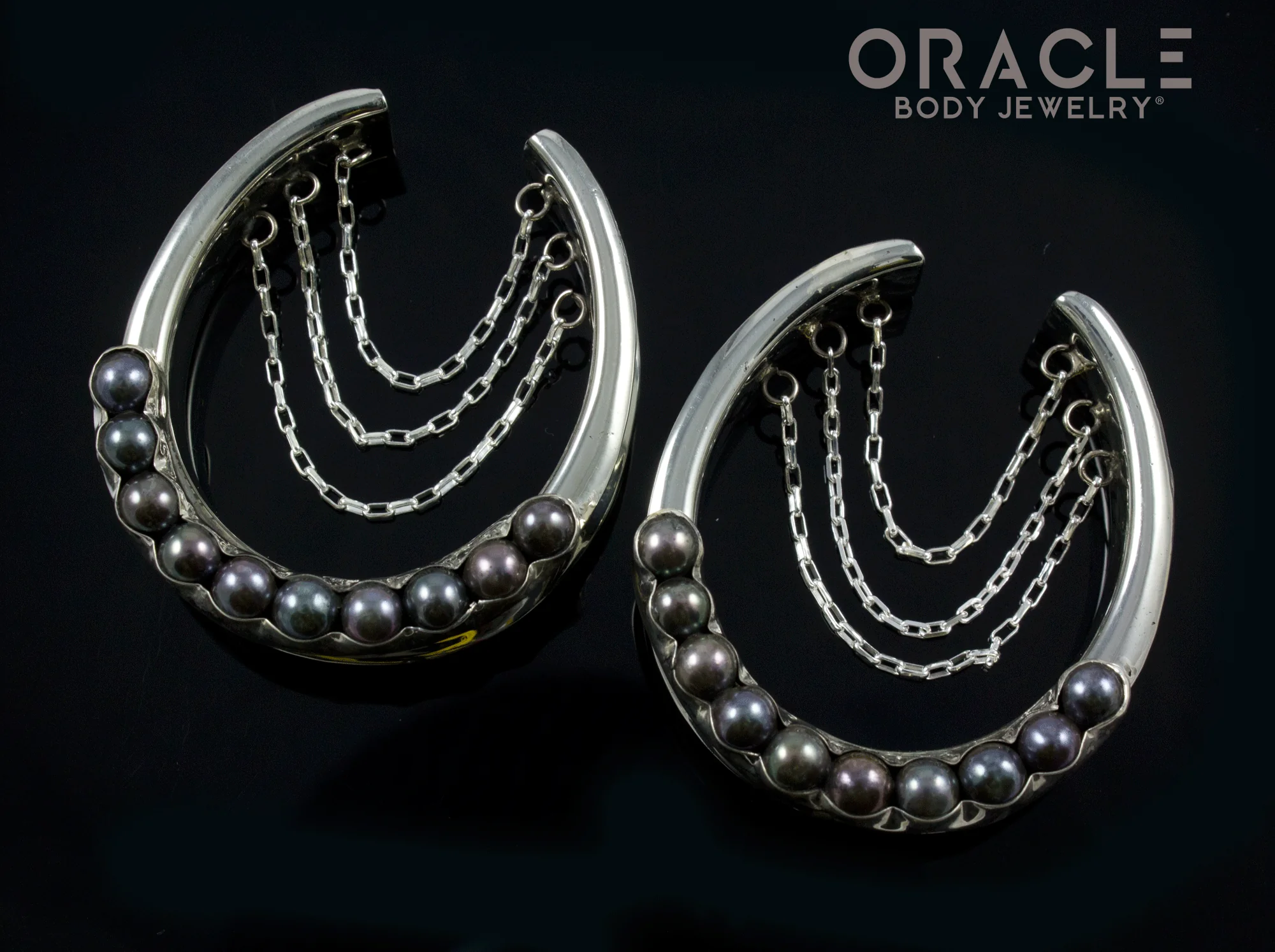 1-5/8" (41mm) White Brass Saddles with Chains and Channel Set Black Pearls - Image 2