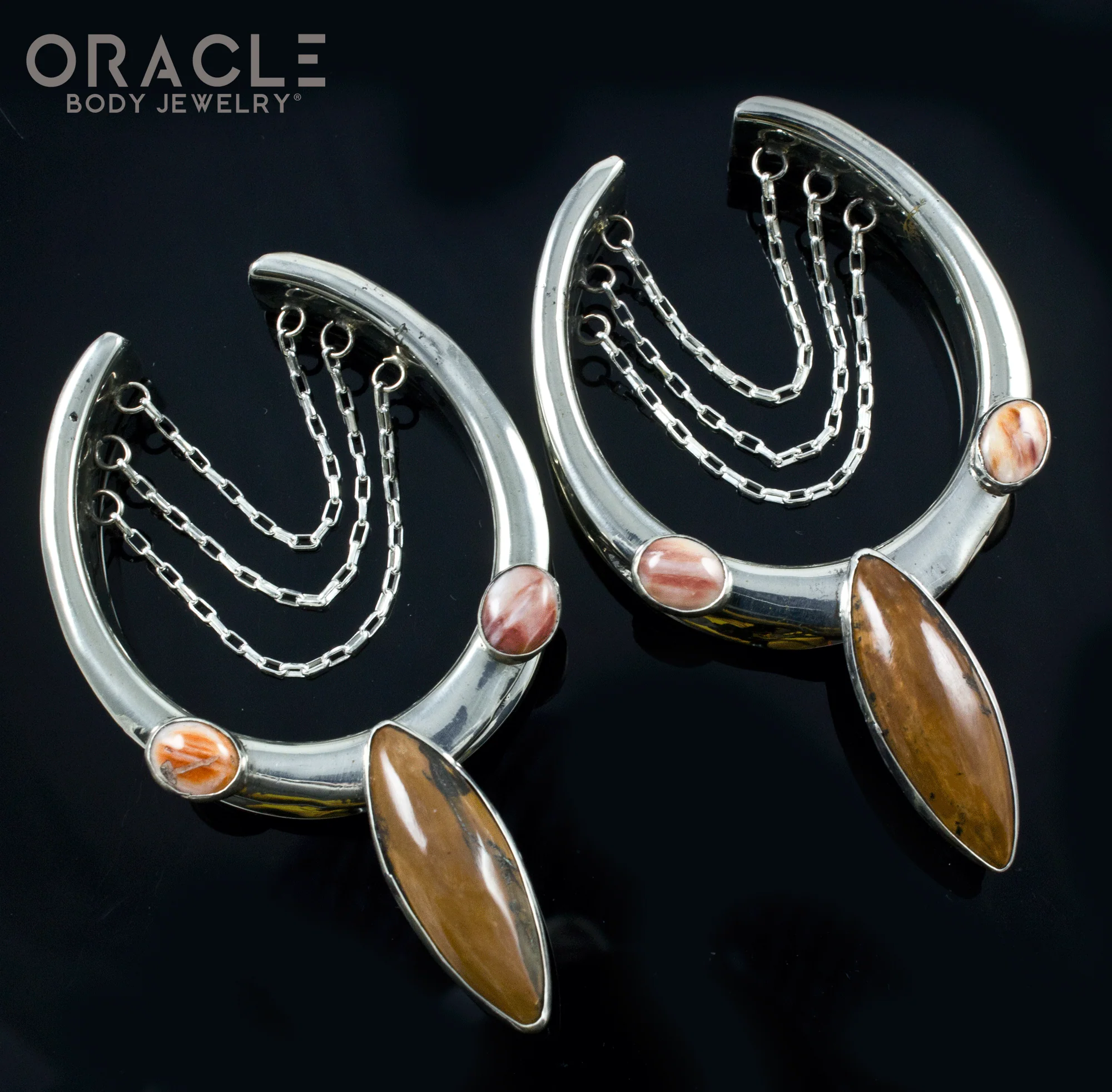1-5/8" (41mm) White Brass Saddles with Chains and Fossil Mammoth Ivory and Spiny Oyster Shell - Image 2