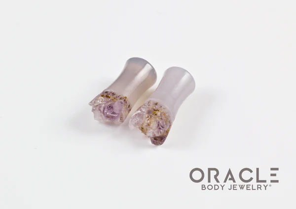 2g (6.5mm) Double Flare Druzy Rough Amethyst Plugs