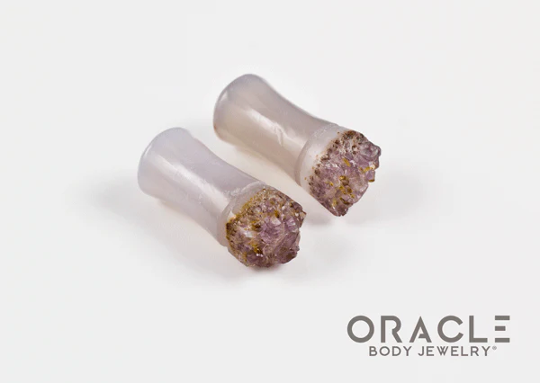2g (6.5mm) Double Flare Druzy Rough Amethyst Plugs