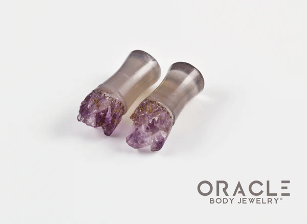 2g (6.5mm) Double Flare Druzy Rough Amethyst Plugs - Image 2