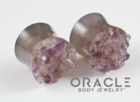 3/4" (19mm) Druzy Rough Amethyst Double Flare Plugs - Image 2