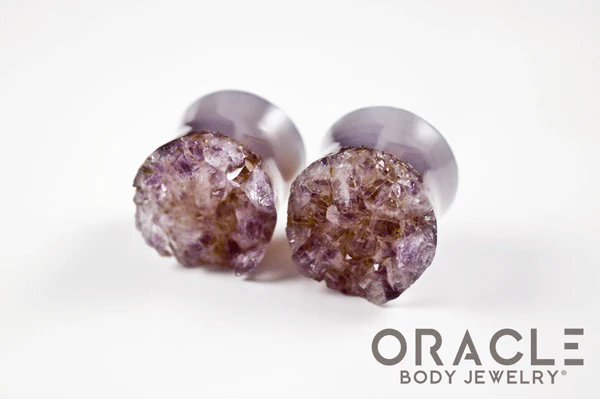 3/4" (19mm) Druzy Rough Amethyst Double Flare Plugs - Image 2