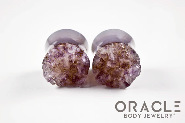 3/4" (19mm) Druzy Rough Amethyst Double Flare Plugs - Image 3