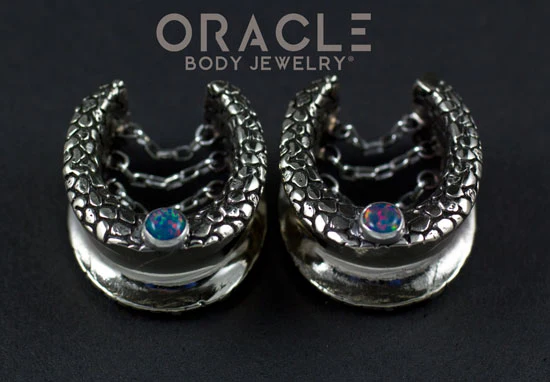 3/4" (19mm) White Brass Saddles with Nugget Texture, Chains and Blue Synthetic Opal