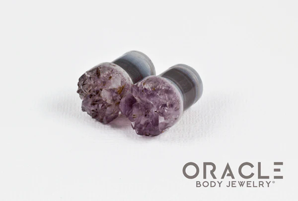 7/16" (11mm) Druzy Rough Amethyst Single Flare Plugs - Image 2