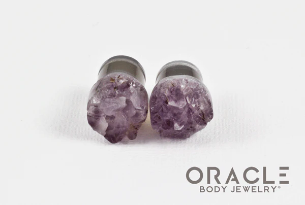7/16" (11mm) Druzy Rough Amethyst Single Flare Plugs - Image 3