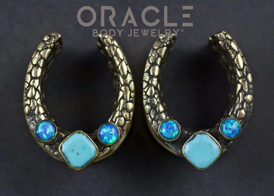7/8" (22mm) Brass Saddles with Nugget Texture and Natural Turquoise and Blue Synthetic Opals