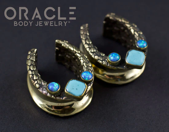 7/8" (22mm) Brass Saddles with Nugget Texture and Natural Turquoise and Blue Synthetic Opals - Image 2