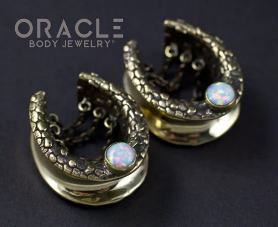 7/8" (22mm) Brass Saddles with Nugget Texture, Chains and White Synthetic Opals - Image 2