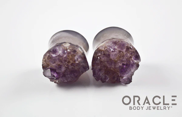 7/8" (22mm) Druzy Rough Amethyst Double Flare Plugs - Image 3