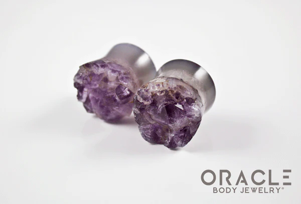 7/8" (22mm) Druzy Rough Amethyst Double Flare Plugs - Image 2
