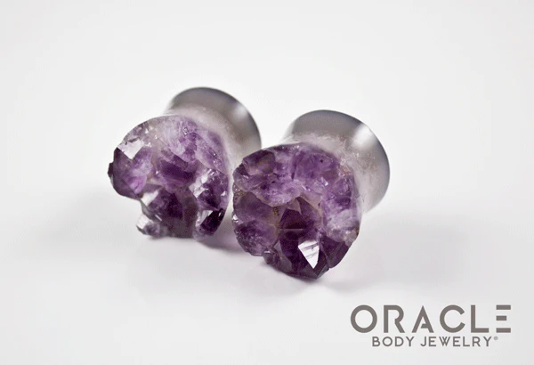7/8" (22mm) Druzy Rough Amethyst Double Flare Plugs - Image 2
