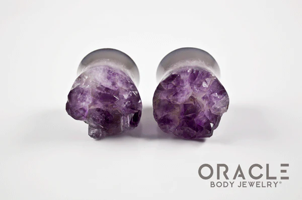 7/8" (22mm) Druzy Rough Amethyst Double Flare Plugs - Image 3