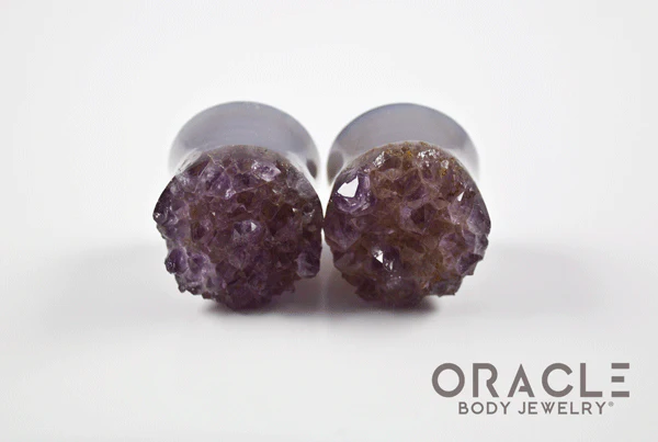 7/8" (22mm) Druzy Rough Amethyst Double Flare Plugs - Image 3
