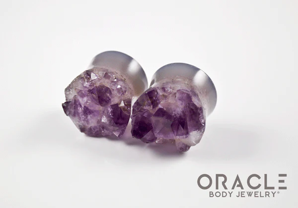 7/8" (22mm) Druzy Rough Amethyst Double Flare Plugs - Image 2