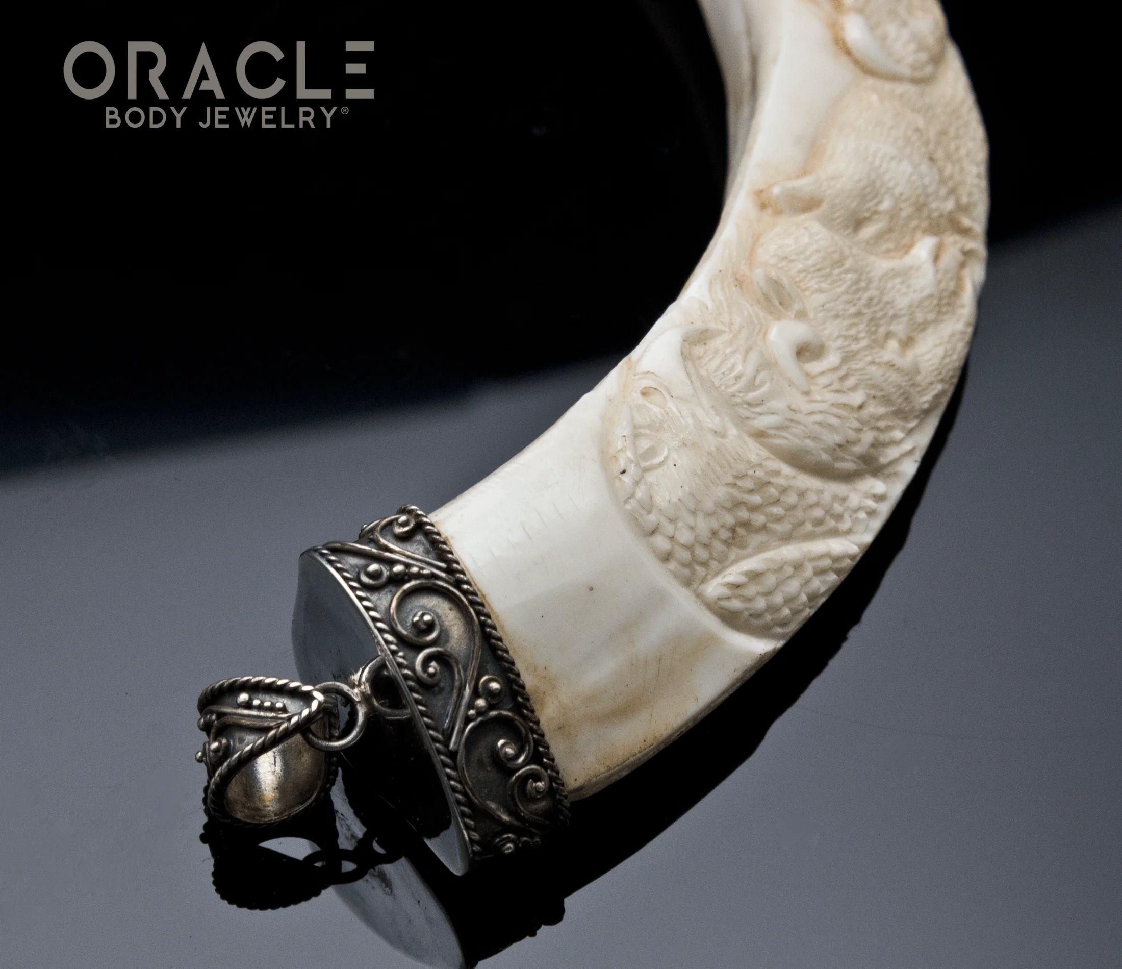 Carved Boar's Tusk Pendant with Silver Filigree - Image 2