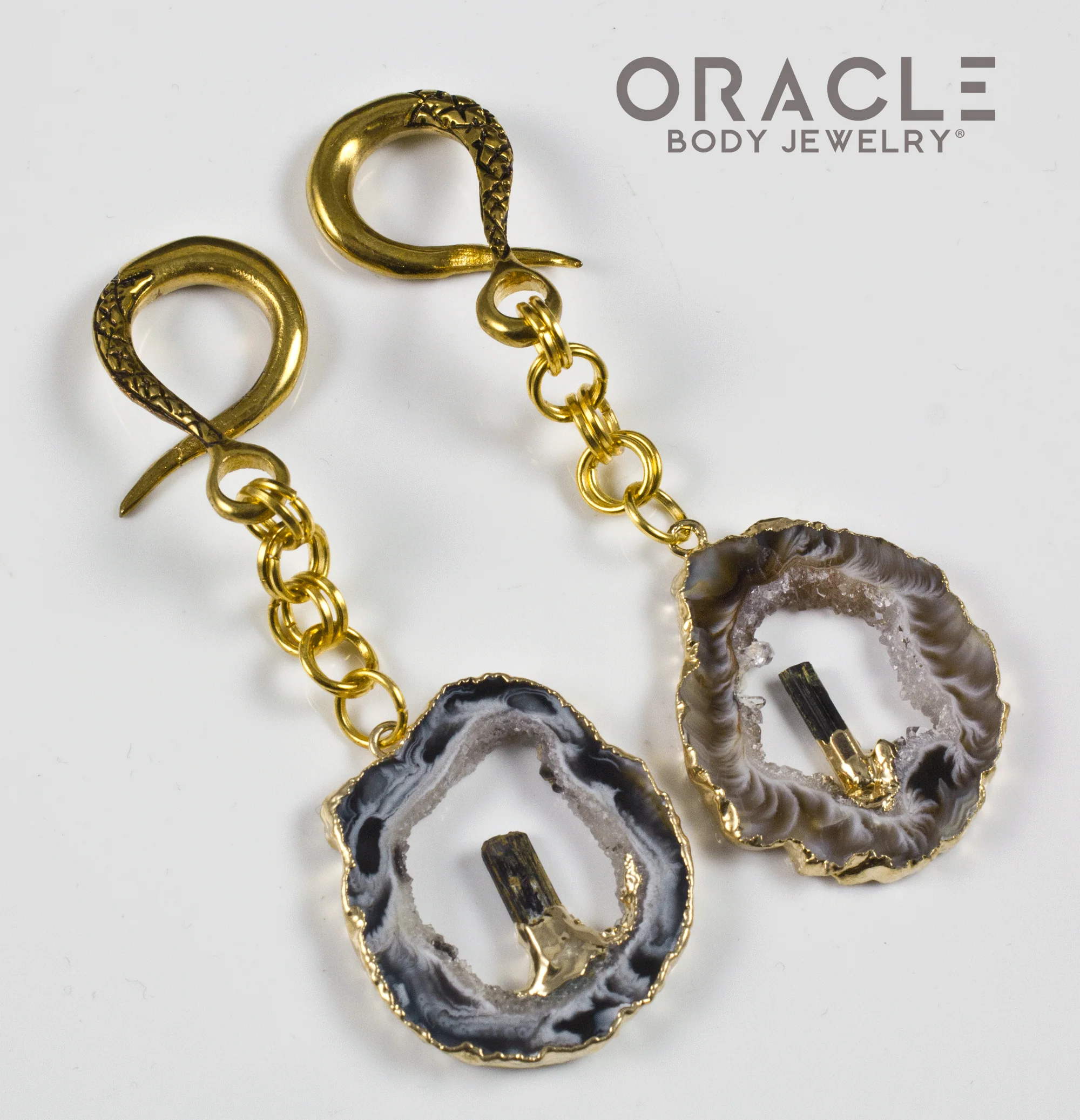 Crossover With Gold Plated Sliced Agate Geodes and Black Tourmaline