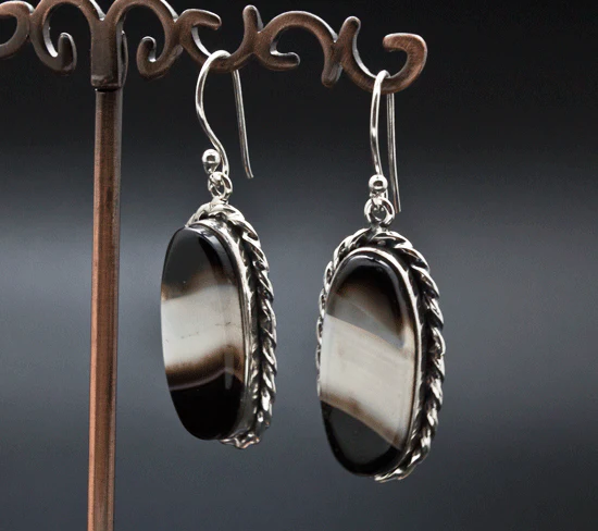 Sterling Silver Black Tibetan Agate Earrings - Image 2
