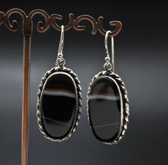 Sterling Silver Black Tibetan Agate Earrings