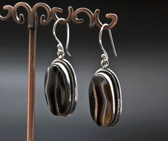 Sterling Silver Black Tibetan Agate Earrings - Image 2