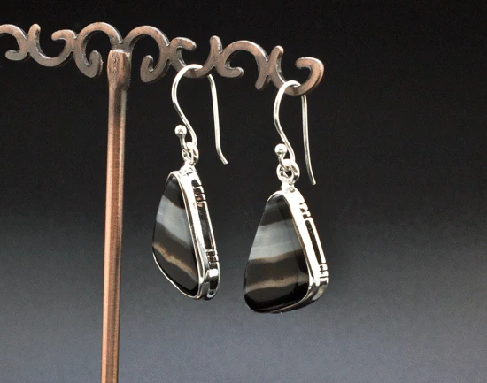 Sterling Silver Black Tibetan Agate Earrings - Image 2