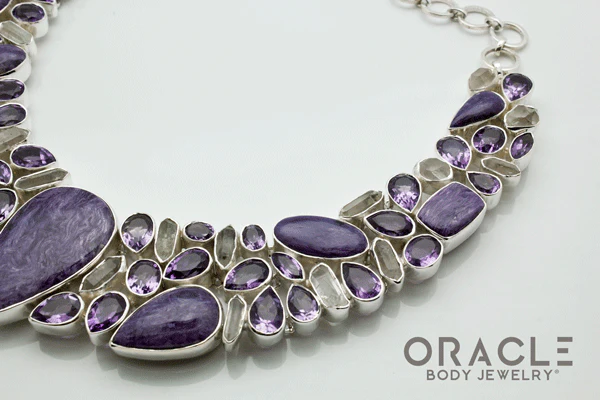 Sterling Silver Charoite Necklace with Faceted Amethyst, Charoite and Raw Quartz Accents - Image 4