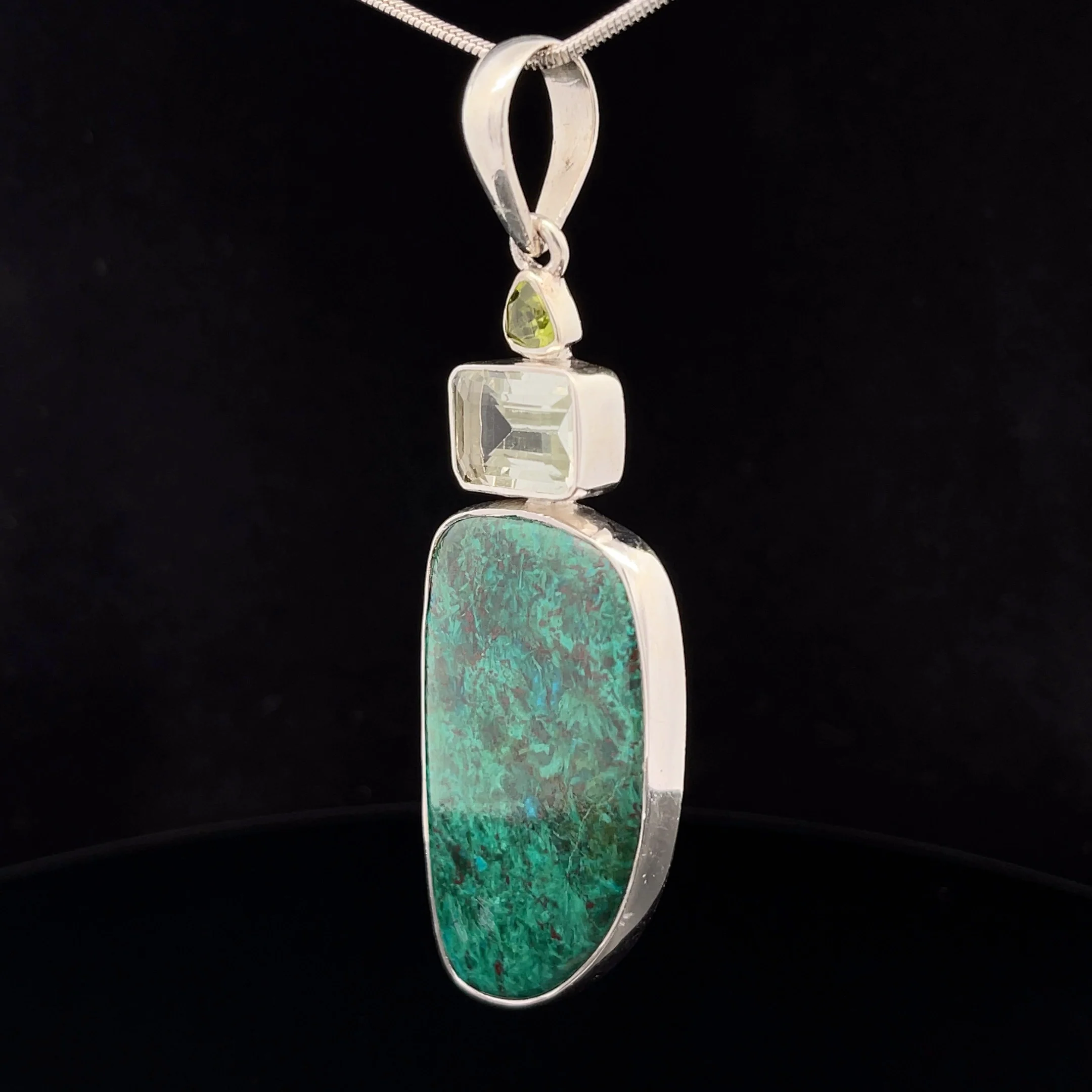 Sterling Silver Chrysocolla, Green Amethyst and Peridot Pendant - Image 3
