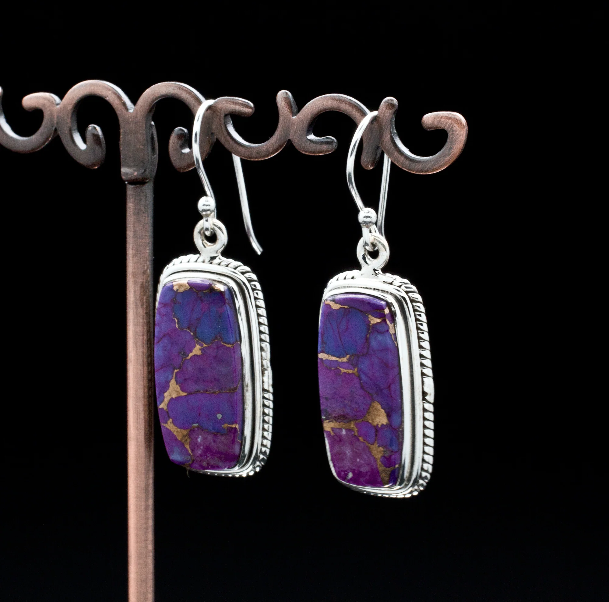 Sterling Silver Copper Purple Turquoise Earrings - Image 2