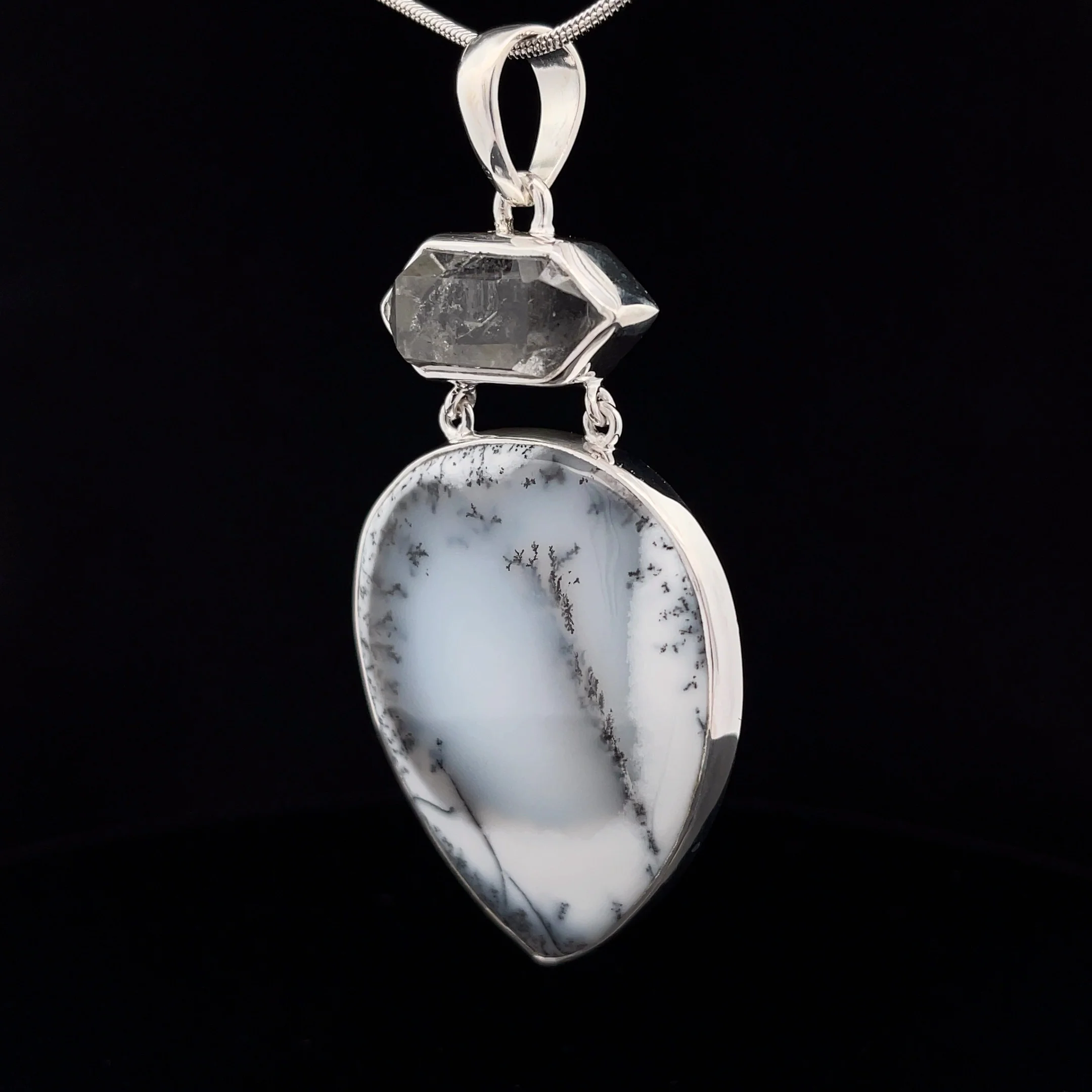 Sterling Silver Dendritic Opal and Herkimer Diamond Pendant - Image 3