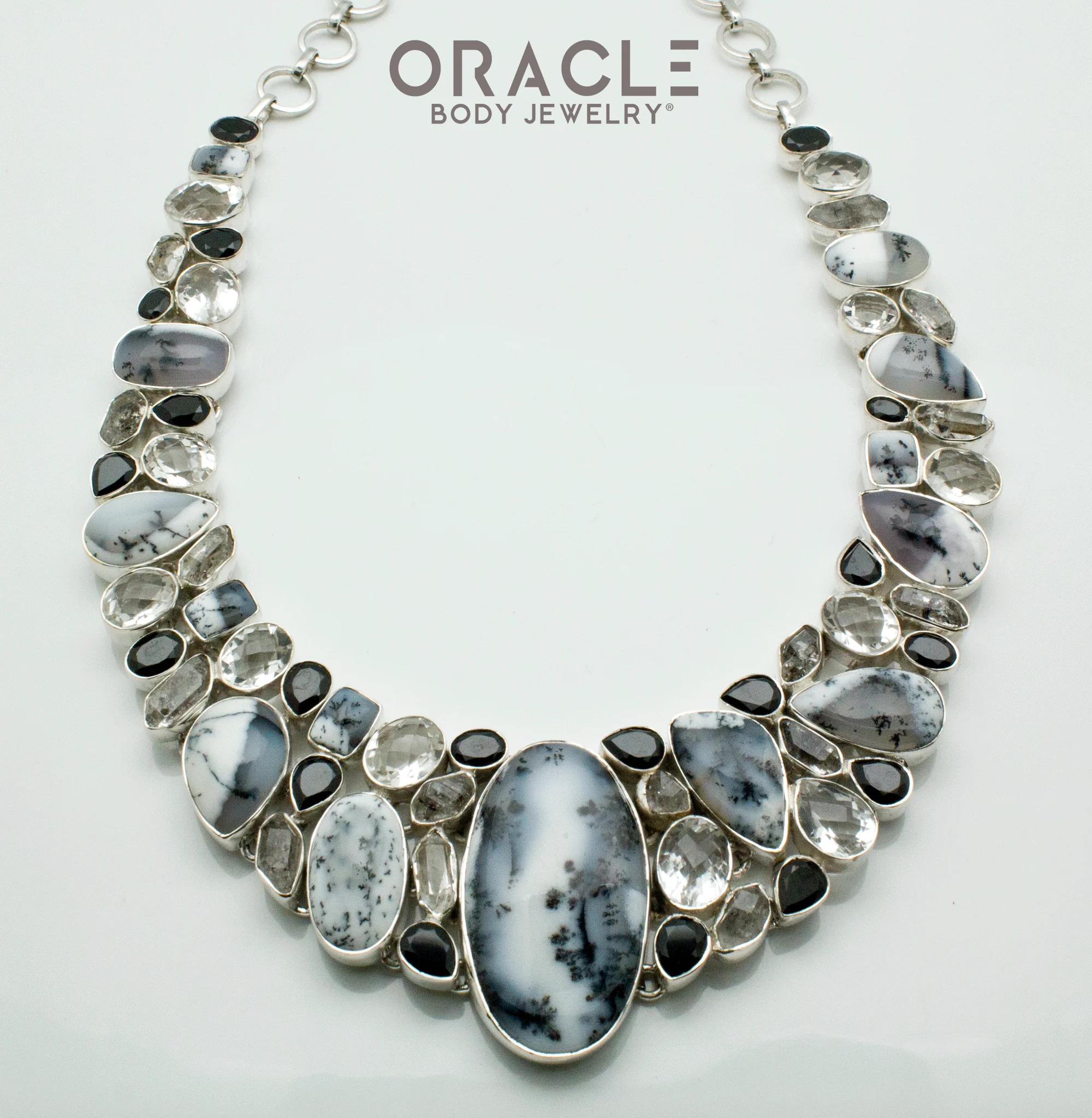 Sterling Silver Dendritic Opal with Herkimer Diamond and Faceted Quartz and Black Spinel Necklace - Image 2