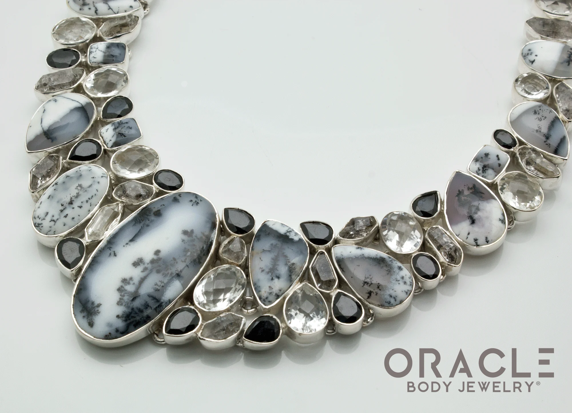 Sterling Silver Dendritic Opal with Herkimer Diamond and Faceted Quartz and Black Spinel Necklace - Image 3