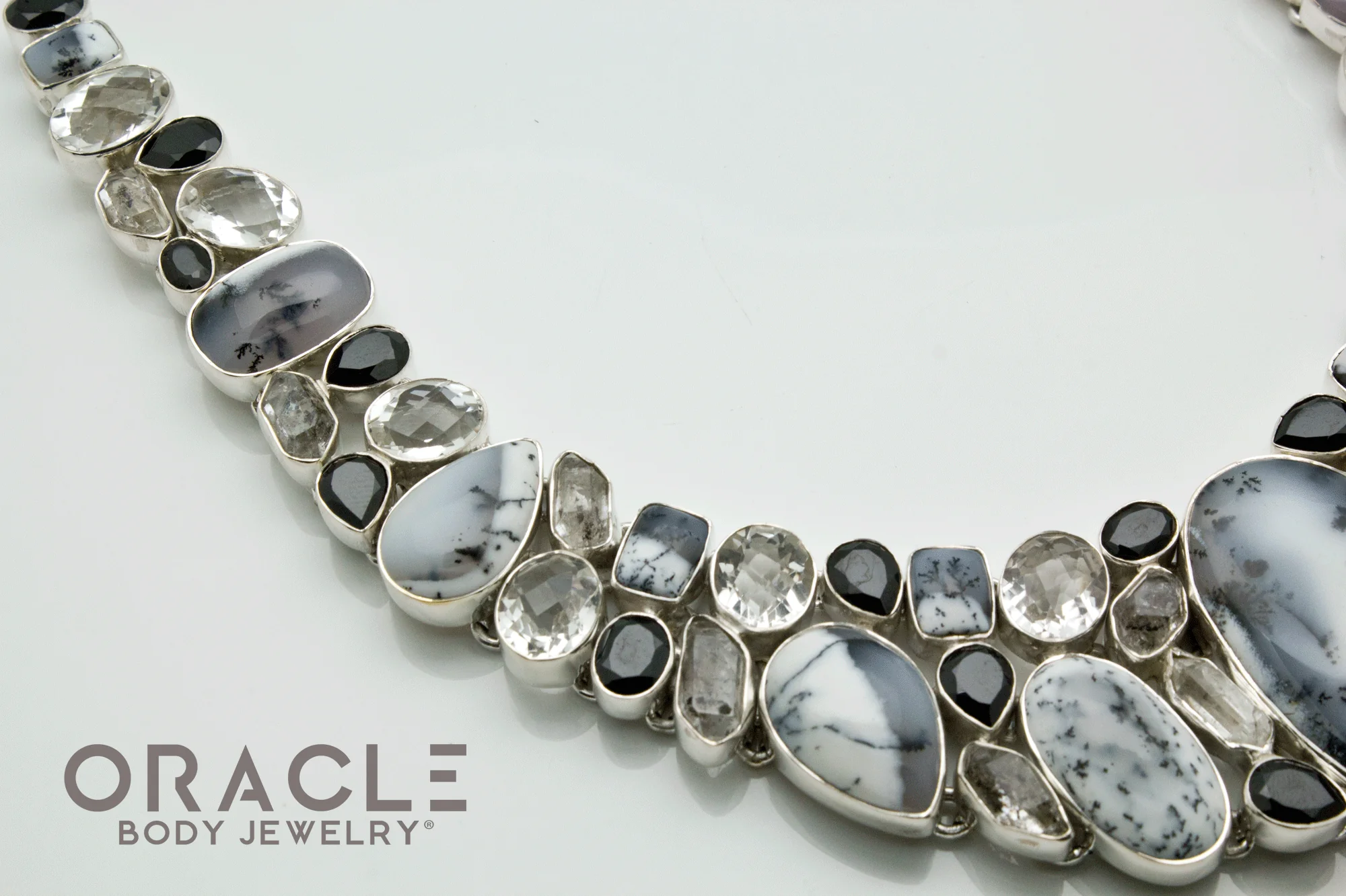 Sterling Silver Dendritic Opal with Herkimer Diamond and Faceted Quartz and Black Spinel Necklace - Image 5